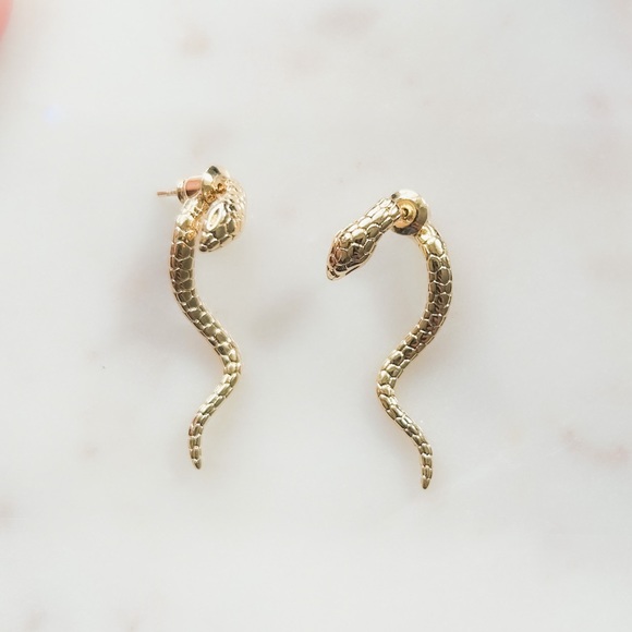 Snake Textured Wavy Drop Stud Earrings | 14k Gold Filled - Picture 4 of 5